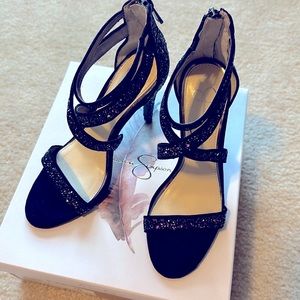 Jessica Simpson sparkled black heels zips in back, size 7.5